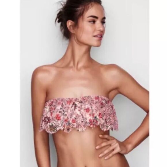 Victoria Secret Strapless Ruffle Flounce Bandeau Floral Bralette Bra Size XS NEW - Picture 1 of 11